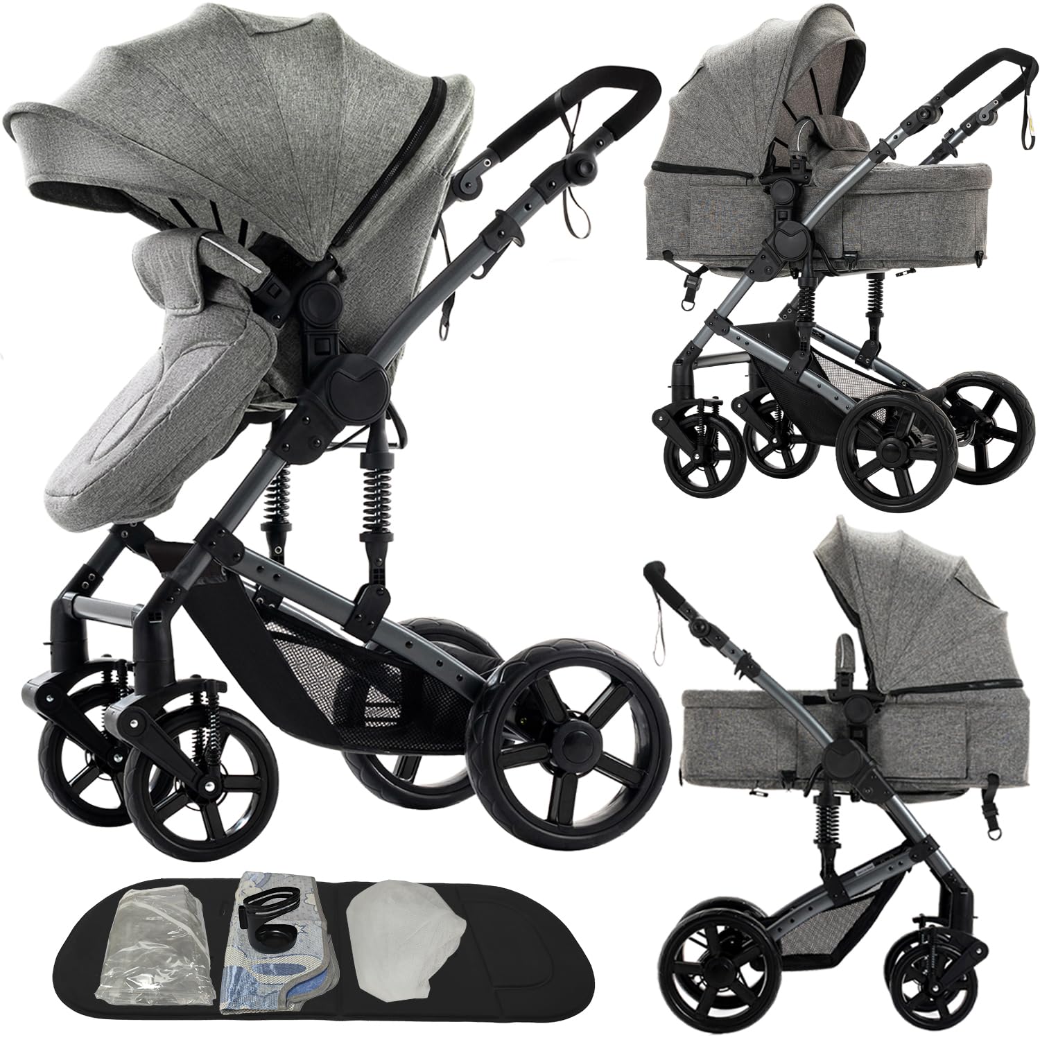 Nine point nine 2 in 1 Baby Stroller, Reversible Convertible Infant Stroller of One-Click Folding, Newborn Travel Strollers Toddler Standard Pram Carriage (2US588-GREY)