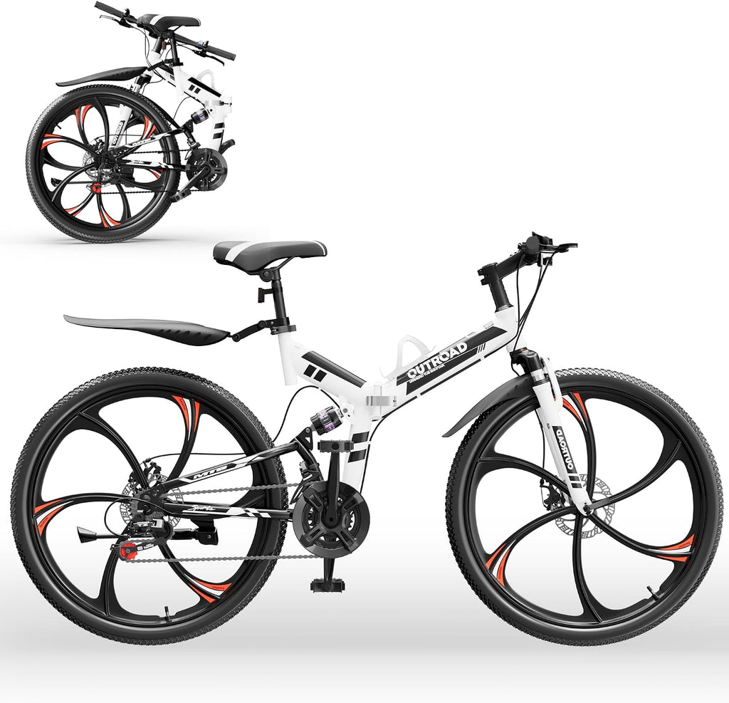 Outroad 26 Inch Folding Mountain Bike, 21 Speed Full Suspension High-Carbon Steel MTB Foldable Bicycle, Dual Disc Brake Non-Slip Folding Bikes for Adults/Men/Women, Black, Orange and Green