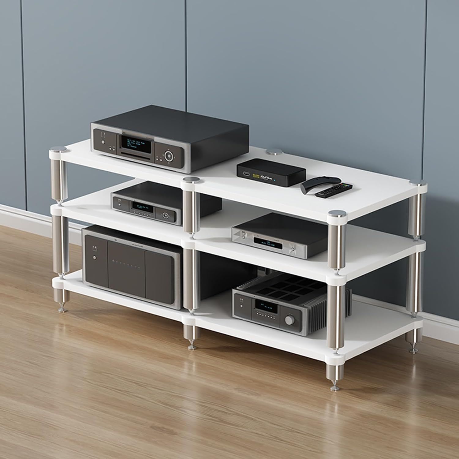 YVYKFZD 2/3/4-Tier AV Media Stand, Stand Audio Rack Corner Component Cabinet, Open Stereo Cabinet with Shock-Absorbing Feet, Power Amplifier Shelf Equipment(Size:White 3 Tier-47.2'X18.9'X24.8')