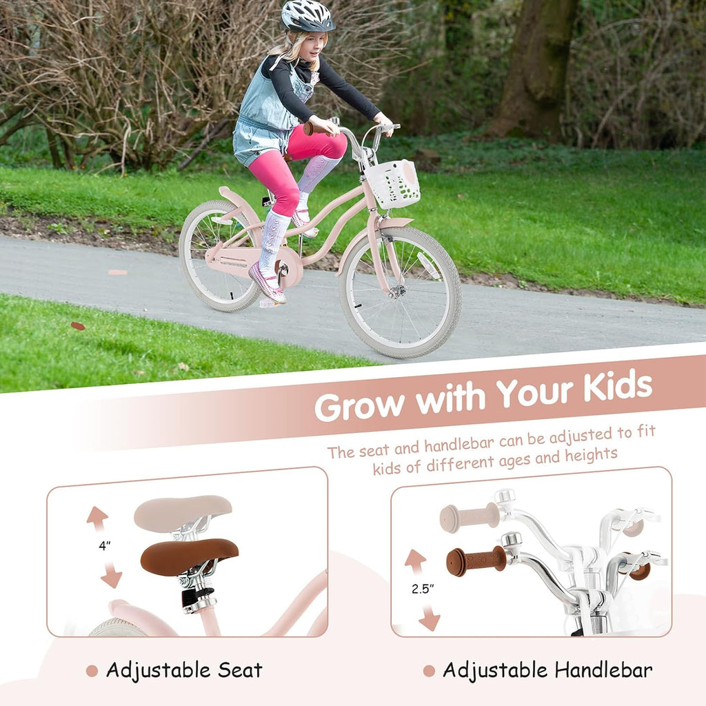 HONEY JOY Kids Bike, 12 14 16 18 20 Inch Toddler Bikes w/Training Wheels, Handbrake & Coaster Brake, Fully Enclosed Chain, Adjustable Handlebar & Seat, Kids Bicycle w/Basket, Girls Boys Bike 3-8
