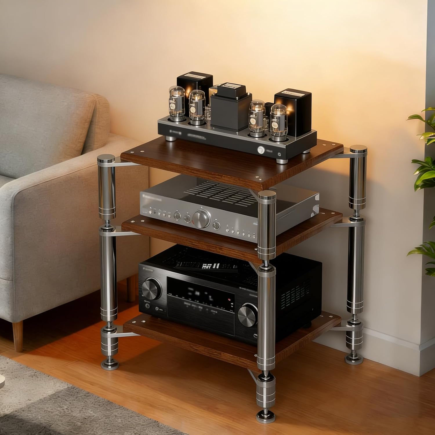 3-Tier AV Media Stand, Heavy Duty Audio Rack with Shock-Absorbing Foot pegs, Open Design av Stand, Multi-Layer Stereo Equipment Rack for Home, Office, Theater (Walnut, 3-Tiers)