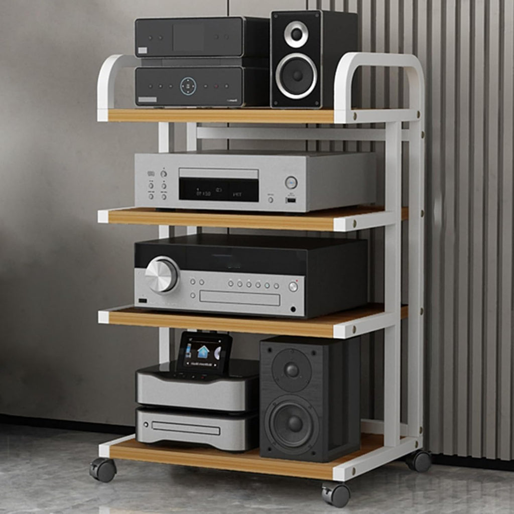 WDJBPSH Floorstanding DVD CD Player Stand, Audio Media Equipment Storage Rack with Wooden Shelf, Home Gaming Consoles Organizer Holder with Brake Wheels & Handrails(Size:4-Tier)