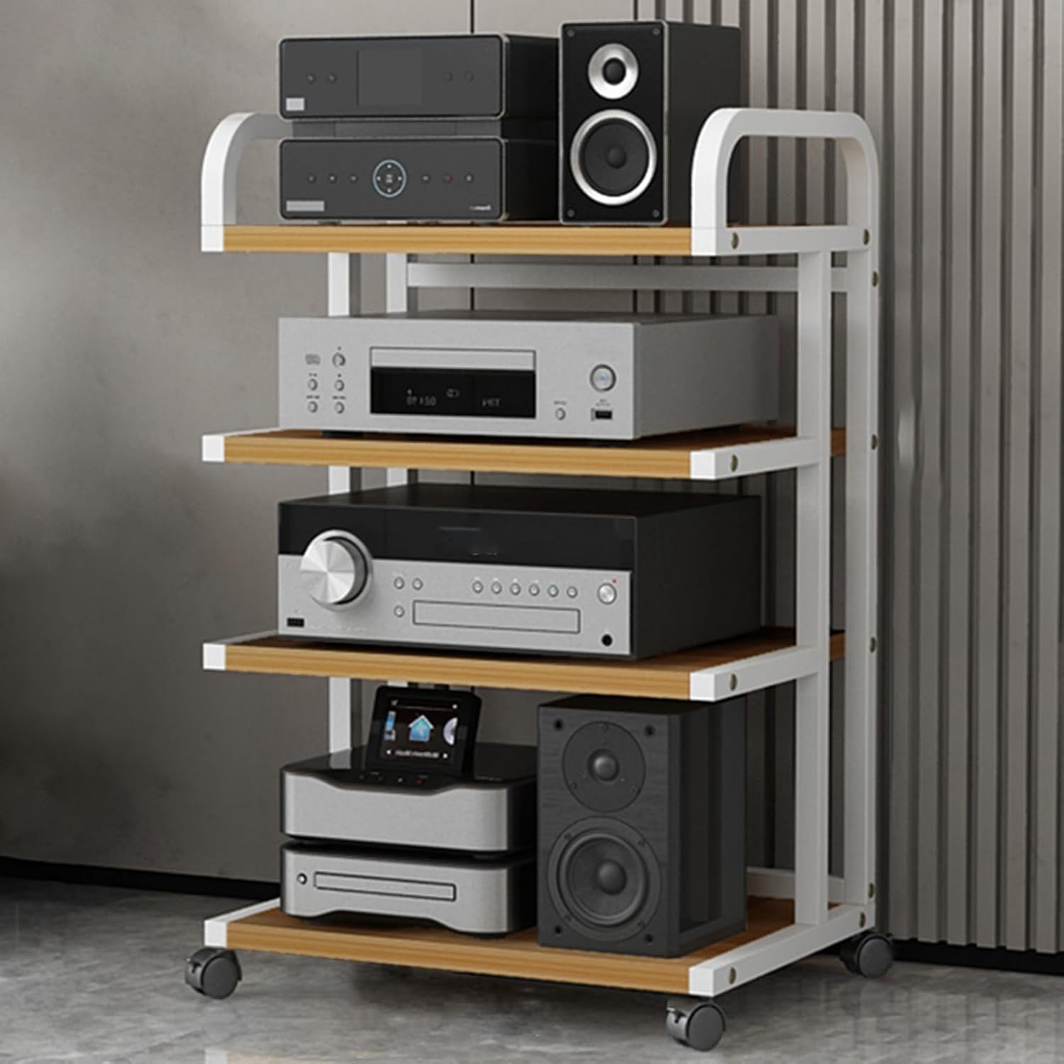 WDJBPSH Floorstanding DVD CD Player Stand, Audio Media Equipment Storage Rack with Wooden Shelf, Home Gaming Consoles Organizer Holder with Brake Wheels & Handrails(Size:4-Tier)
