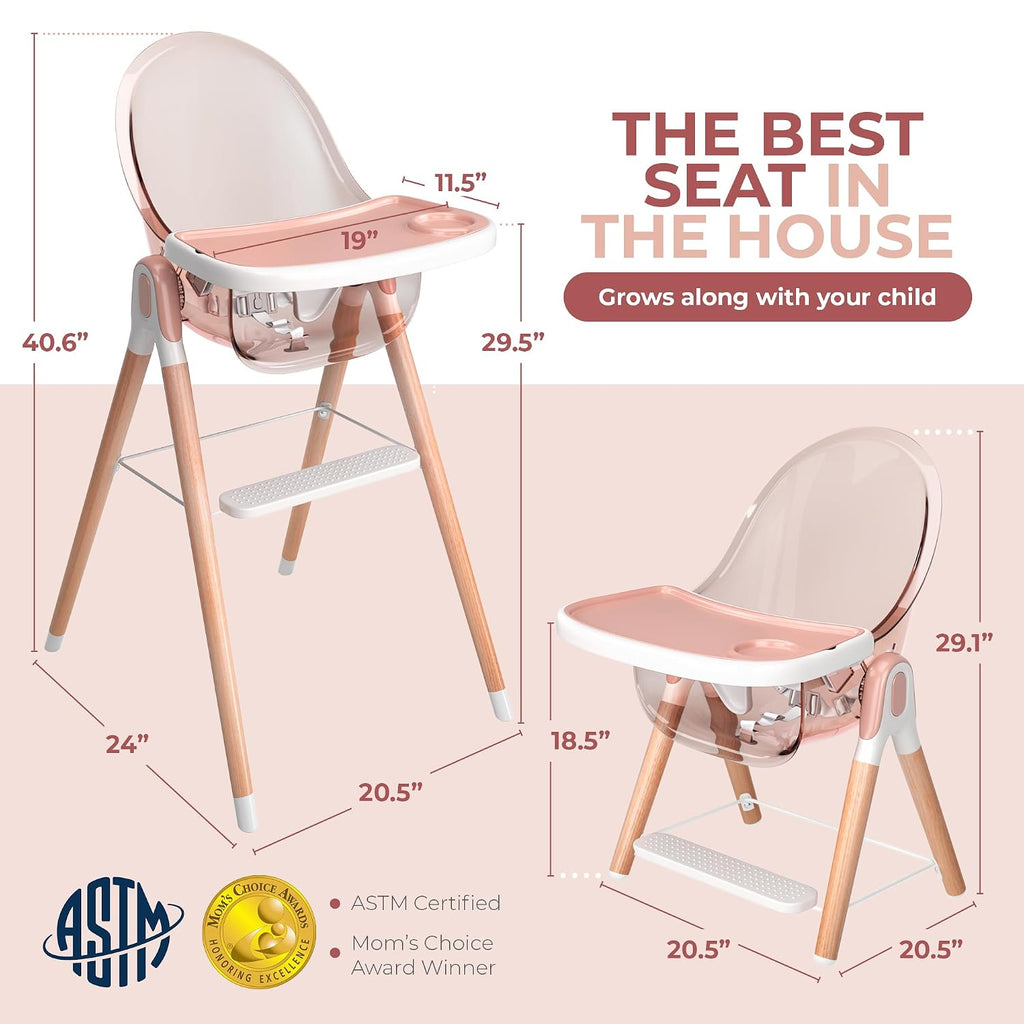 6 in 1 Deluxe Wooden High Chair for Babies & Toddlers, Modern Safe & Compact Baby Highchair, Easy to Clean & Assemble, Removable Tray, 6 Options 3 Seat Positions 2 Heights (Pink)
