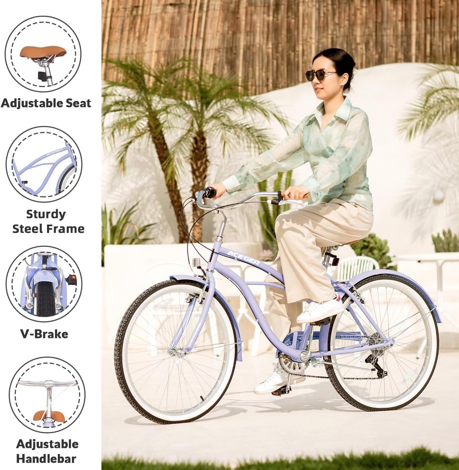 ACEGER Girls Beach Cruiser Bike for Kids 5-13 Years Old, 16' 18' 20' 24' Single Speed Kids Bicycle Included Coaster Brake, Front and Rear Reflectors, 24' 7 Speeds with Dual Brakes