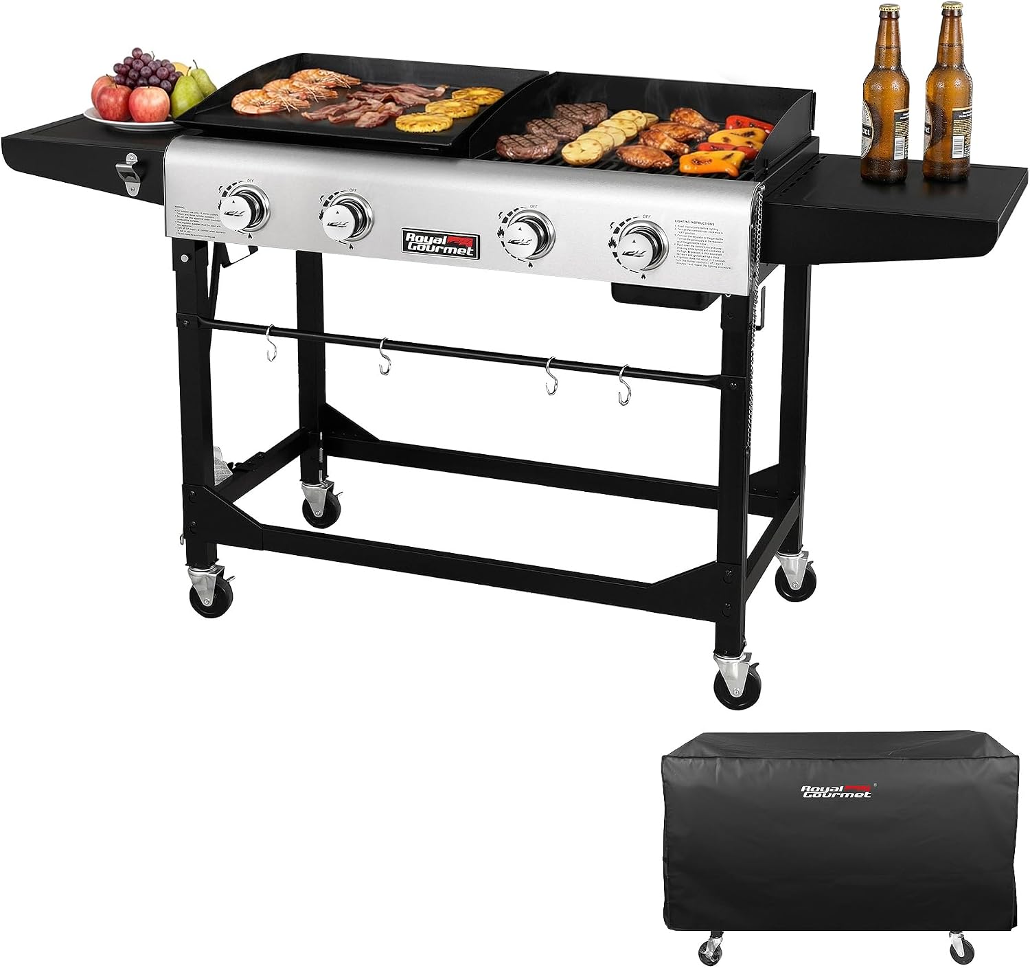 Royal Gourmet GD401C 4-Burner Propane Gas Grill and Griddle Combo with Cover, Griddle Grill Combo with 48,000 BTUs Output for Outdoor Cooking While Camping or Tailgating, Black & Silver