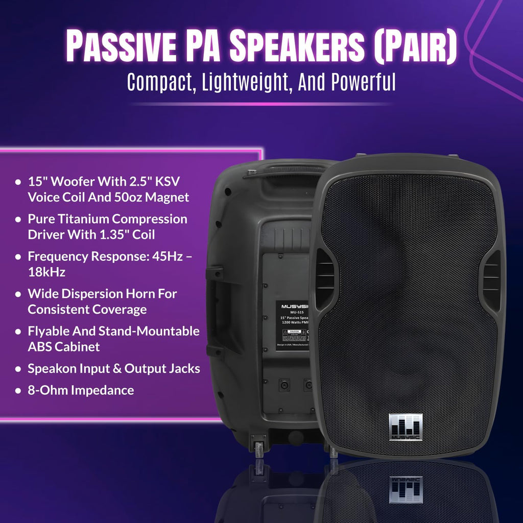 MUSYSIC Portable PA System with Wireless UHF Microphone, 15' 2000W Passive PA Speakers, Party, DJ Speakers, 6 Channel Audio Mixer, 1200W Speaker with Wireless Microphone, Complete Kit w/Stands