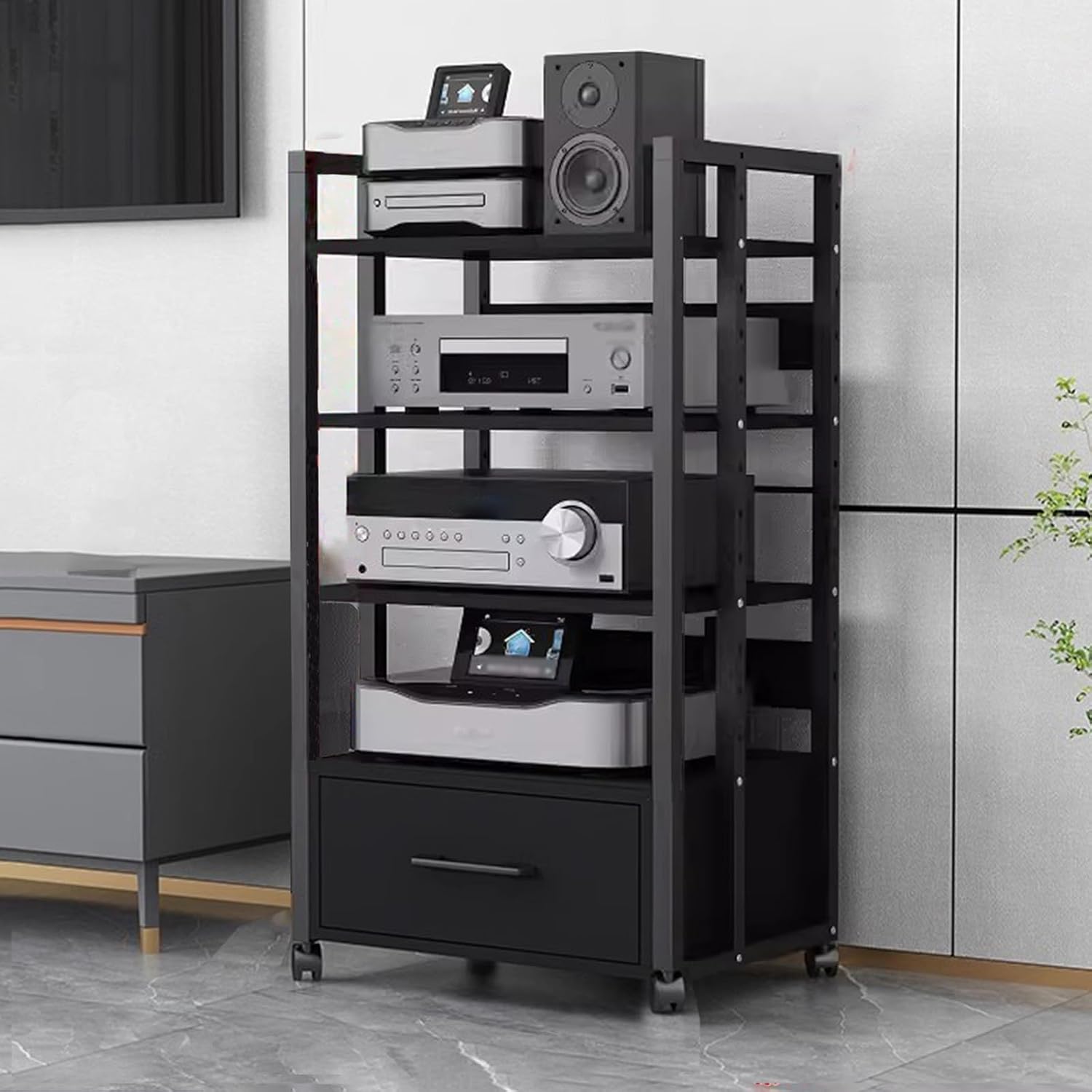 WDJBPSH Tall Stereo Entertainment Rack Tower, Large Audio/Video Equipment Storage Cart with Adjustable Height Shelf, Homes Offices Theater Shops Console Media Stand(Size:5-Tier)