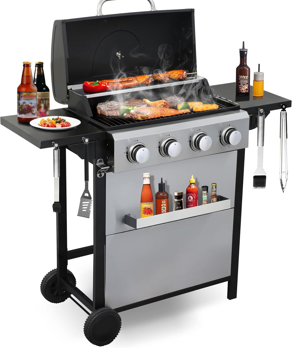 4-Burner Propane Gas Grill, Stainless Steel Control Panel, Easy Ignition, Temperature Gauge, 2-Enameled Cooking Grids, Portable With Wheels For 34,200 BTU Outdoor Barbecue BBQ Grill