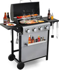 4-Burner Propane Gas Grill, Stainless Steel Control Panel, Easy Ignition, Temperature Gauge, 2-Enameled Cooking Grids, Portable With Wheels For 34,200 BTU Outdoor Barbecue BBQ Grill