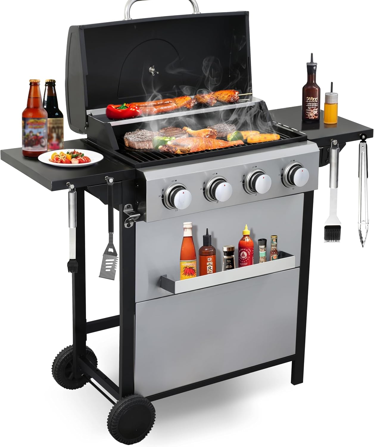 4-Burner Propane Gas Grill, Stainless Steel Control Panel, Easy Ignition, Temperature Gauge, 2-Enameled Cooking Grids, Portable With Wheels For 34,200 BTU Outdoor Barbecue BBQ Grill