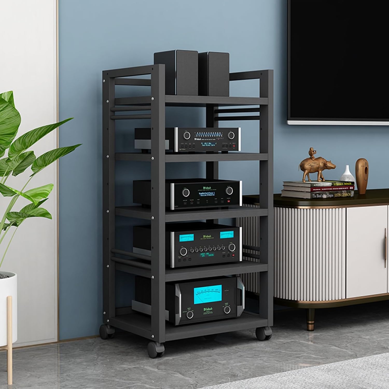 4/5-Tier Movable Amplifier Stand AV Media Stand CD Player Stereo Shelf Home Theatre Equipment Storage Shelf Multi-Function Open Cabinet Audio Video Component Cabinet (Color : A, Size : 5-Tier)