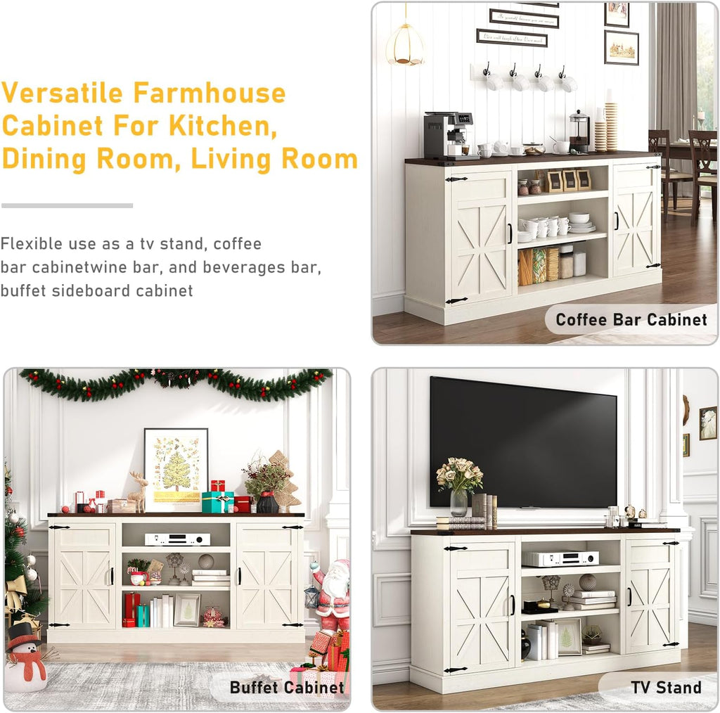 Hlivelood 66' Farmhouse TV Stand with Power Outlets for 75 Inch TVs, 33' Tall Entertainment Center with Storage Cabinets w/Adjustable Shelves, Rustic Large TV Media Console, Rustic White
