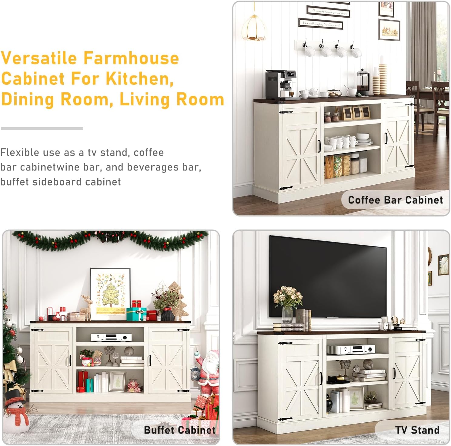 Hlivelood 66' Farmhouse TV Stand with Power Outlets for 75 Inch TVs, 33' Tall Entertainment Center with Storage Cabinets w/Adjustable Shelves, Rustic Large TV Media Console, Rustic White