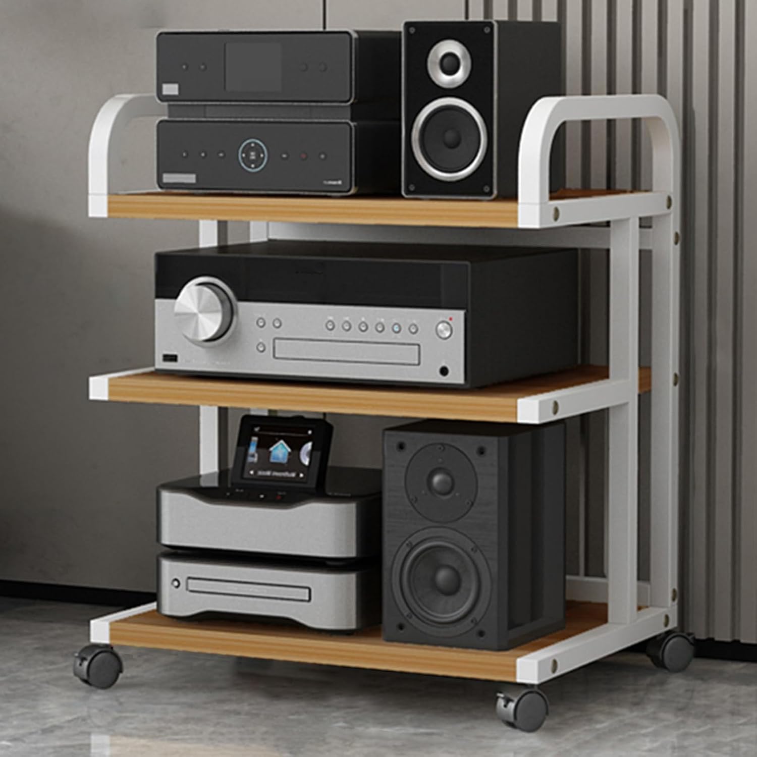 WDJBPSH Floorstanding DVD CD Player Stand, Audio Media Equipment Storage Rack with Wooden Shelf, Home Gaming Consoles Organizer Holder with Brake Wheels & Handrails(Size:3-Tier)