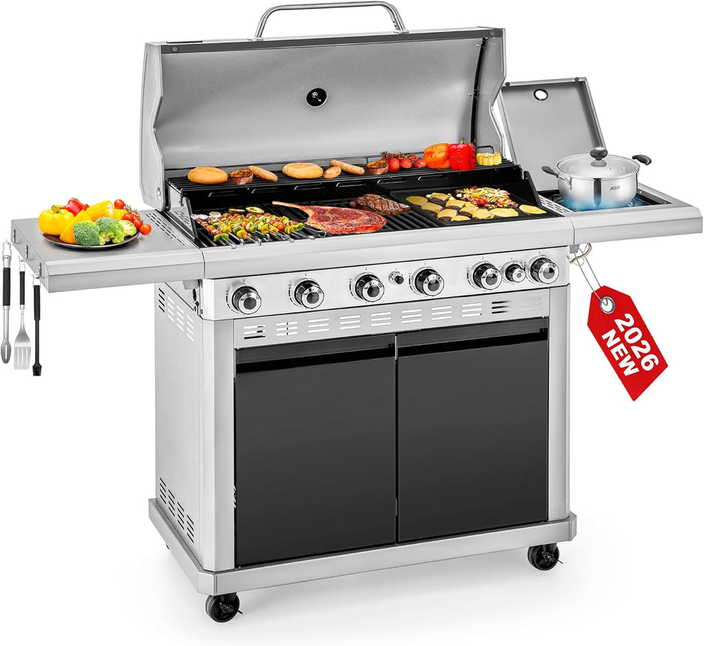 2 in 1 Propane Griddle Grill Combo, 6-Burner Propane Gas BBQ Grill with Porcelain-Enameled Cast Iron Grates & Plate, 42,000 BTU Combo Grill with Side Stove for Outdoor Cooking Camping Patio Backyard