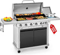 2 in 1 Propane Griddle Grill Combo, 6-Burner Propane Gas BBQ Grill with Porcelain-Enameled Cast Iron Grates & Plate, 42,000 BTU Combo Grill with Side Stove for Outdoor Cooking Camping Patio Backyard
