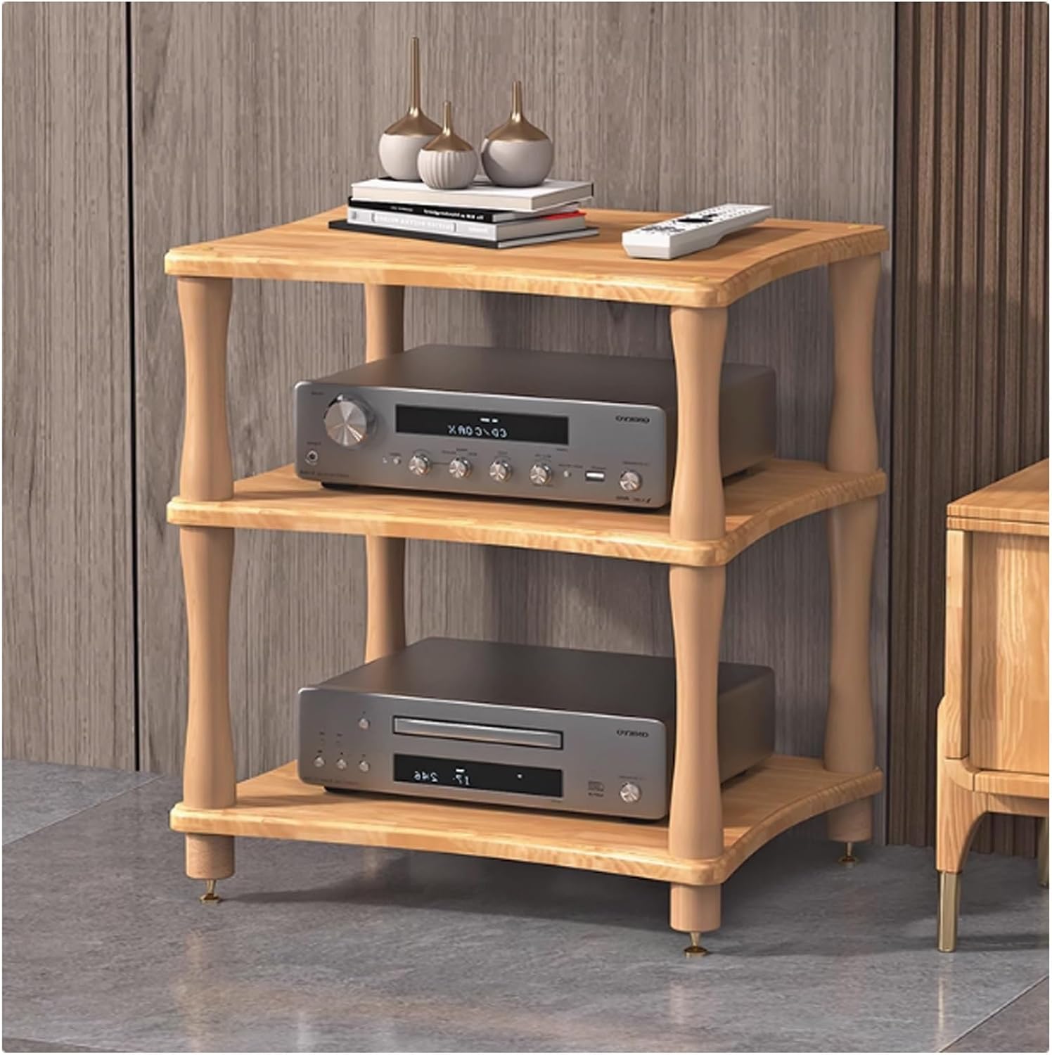 Stereo Rack AV Media Stand Media Audio Rack Tower CD Record Player Stereo Receiver AV Equipment Cabinet Display Stand for Living Room, Gaming, Recording Room(Original wood,60x48x64cm)