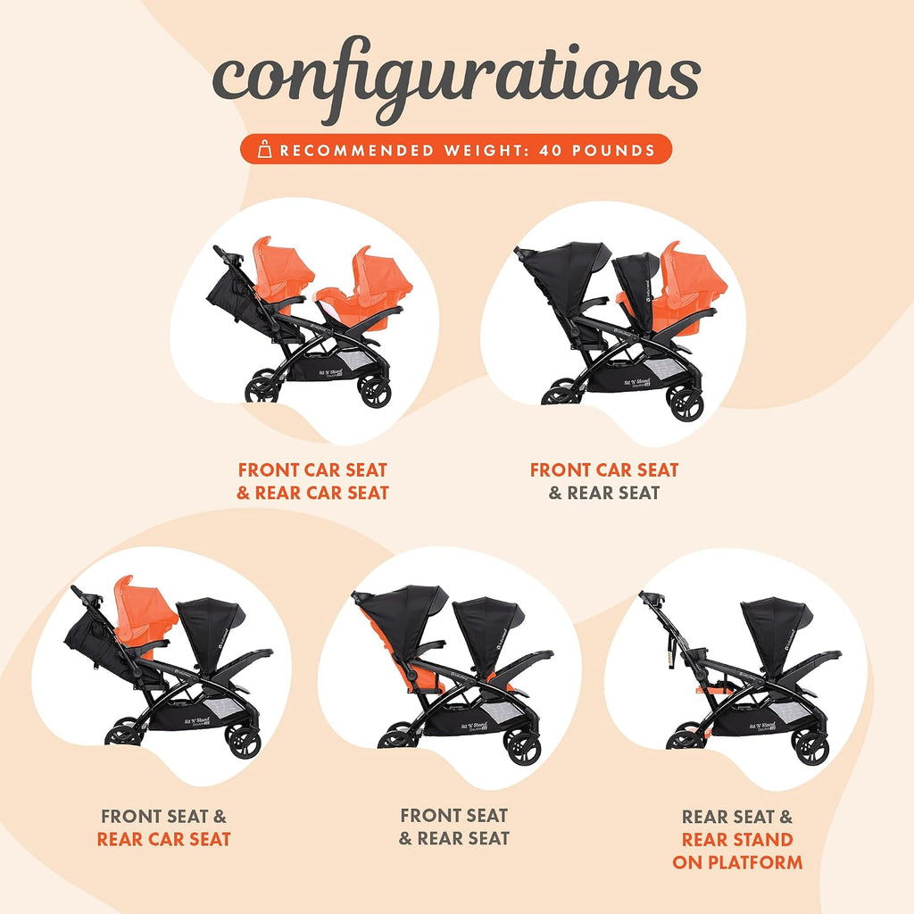 Baby Trend Double Stroller with Canopy Visors, Storage Basket and 2 Cup Holders, Sit N' Stand 2.0 DLX, Stormy – Foldable Infant and Toddler Tandem Stroller and Travel System