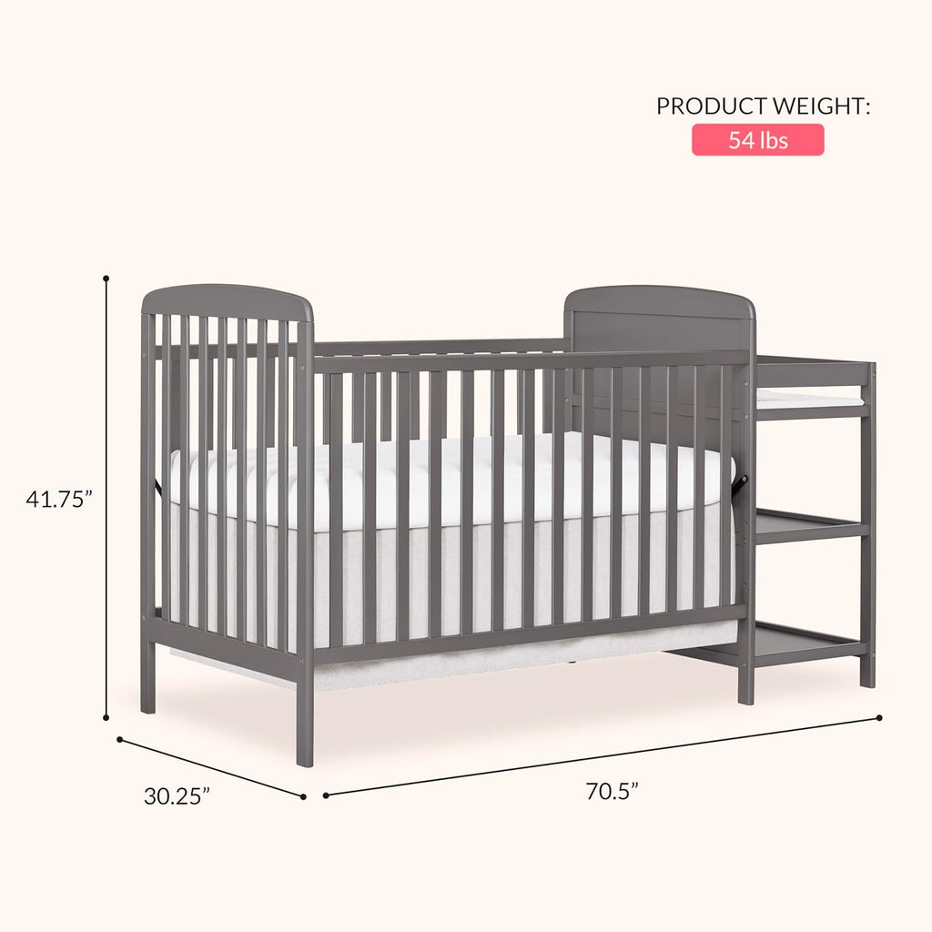 Dream On Me Anna 3-in-1 Convertible Full-Size Baby Crib & Changer with Storage in Steel Grey, GreenGuard Gold & JPMA, Pinewood, Converts to Day & Toddler Bed, 3 Mattress Heights, 1″ Changing Pad