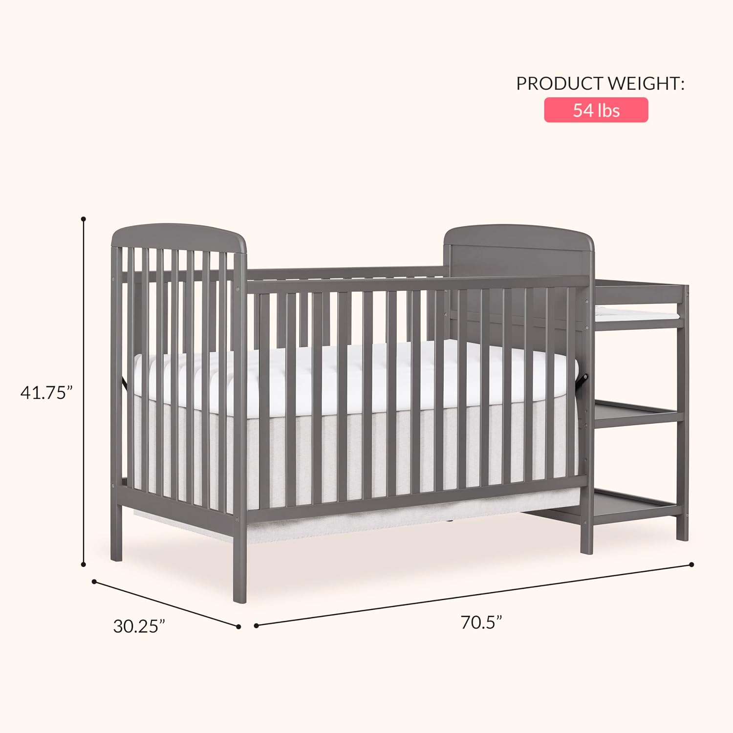 Dream On Me Anna 3-in-1 Convertible Full-Size Baby Crib & Changer with Storage in Steel Grey, GreenGuard Gold & JPMA, Pinewood, Converts to Day & Toddler Bed, 3 Mattress Heights, 1″ Changing Pad