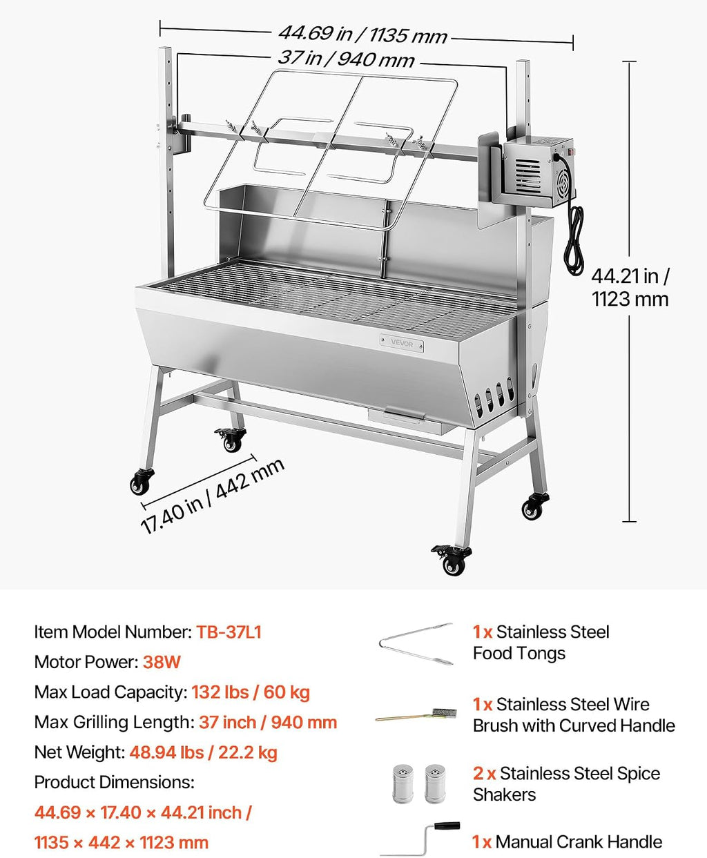 VEVOR Rotisserie Grill, 37in BBQ Outdoor Pig & Lamb Spit Roaster, Charcoal Spit Roaster with 132 LBS Load Capacity & 7-Level Height, Stainless Steel Electric Rotisserie Grill Kit for Camping Outdoor