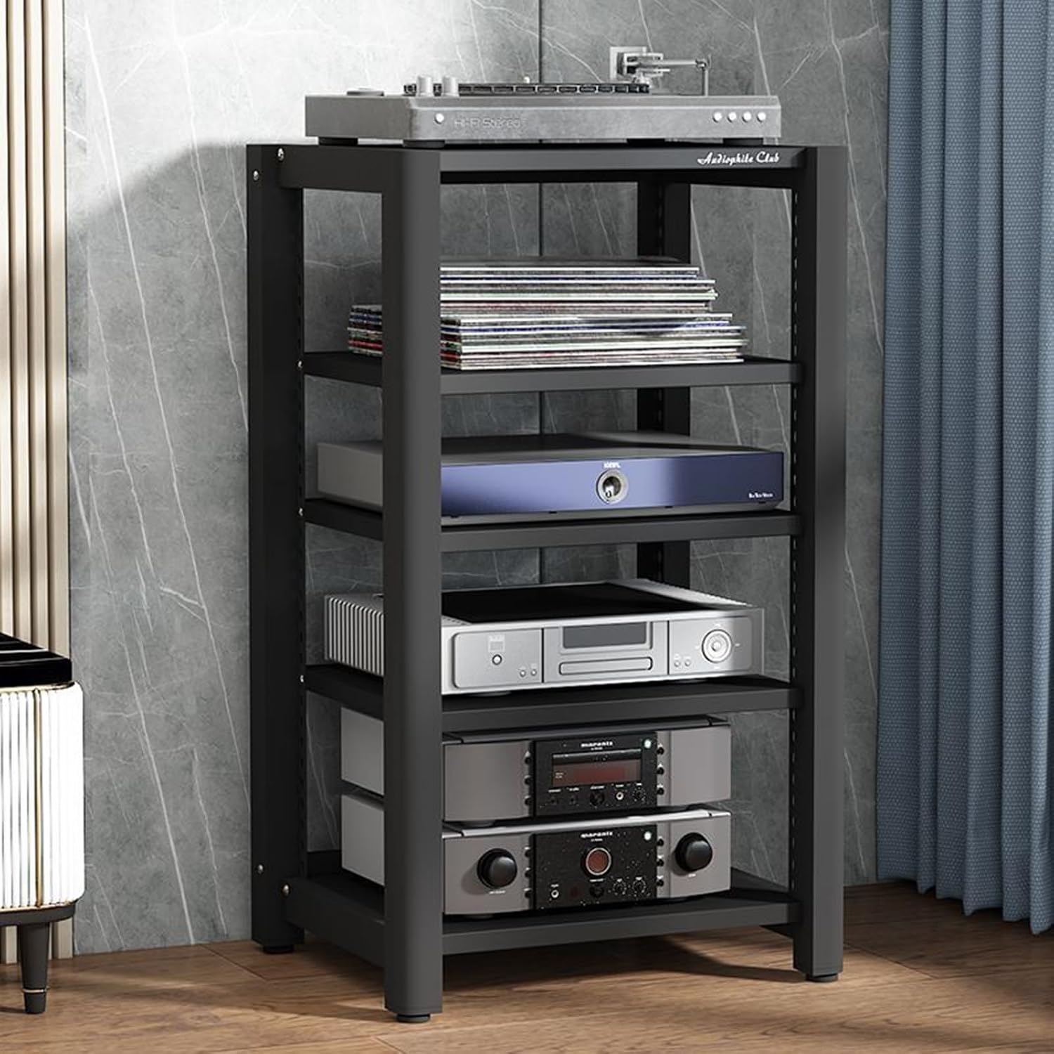 Audio Equipment Rack Cabinet, 5 4 3 2 Tier Av Component Media Stand Stereo Cabinet Audio-Video Tower with Non-Sip Foot Pad, Vertical Printer Holder(ligjt Grey,100cm (39.4in) High)