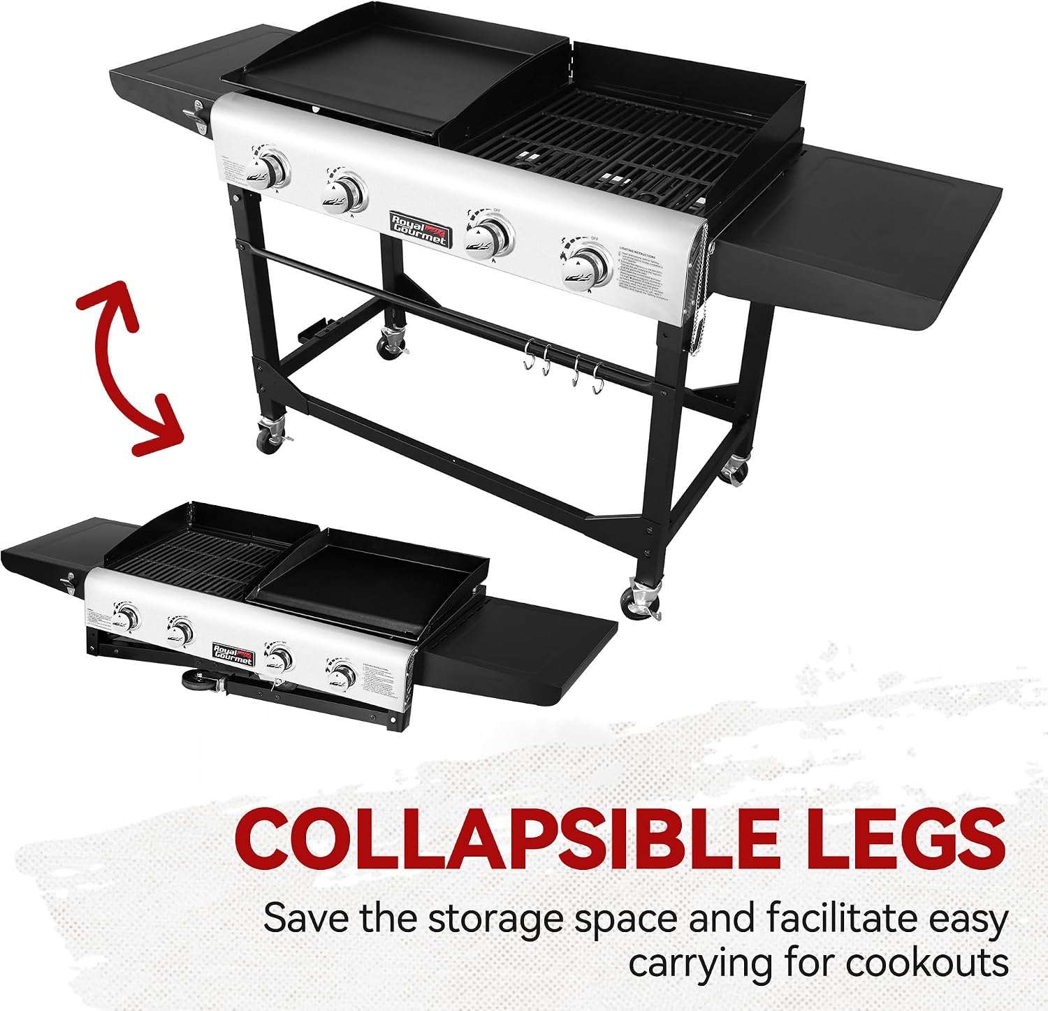 Royal Gourmet GD401 Portable Propane Gas Grill and Griddle Combo with Side Table | 4-Burner, Folding Legs,Versatile, Outdoor | Black 66 Inch