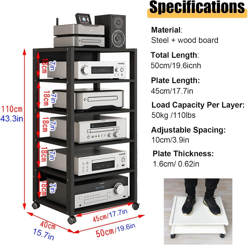 WDJBPSH Home Theater Equipment Storage Rack, 43.3inch Tall Audio-Video Media Stand with Adjustable Shelf & Brake Wheels, Freestanding Corner Entertainment Center(7 Tier - H 131cm/51.5 in)