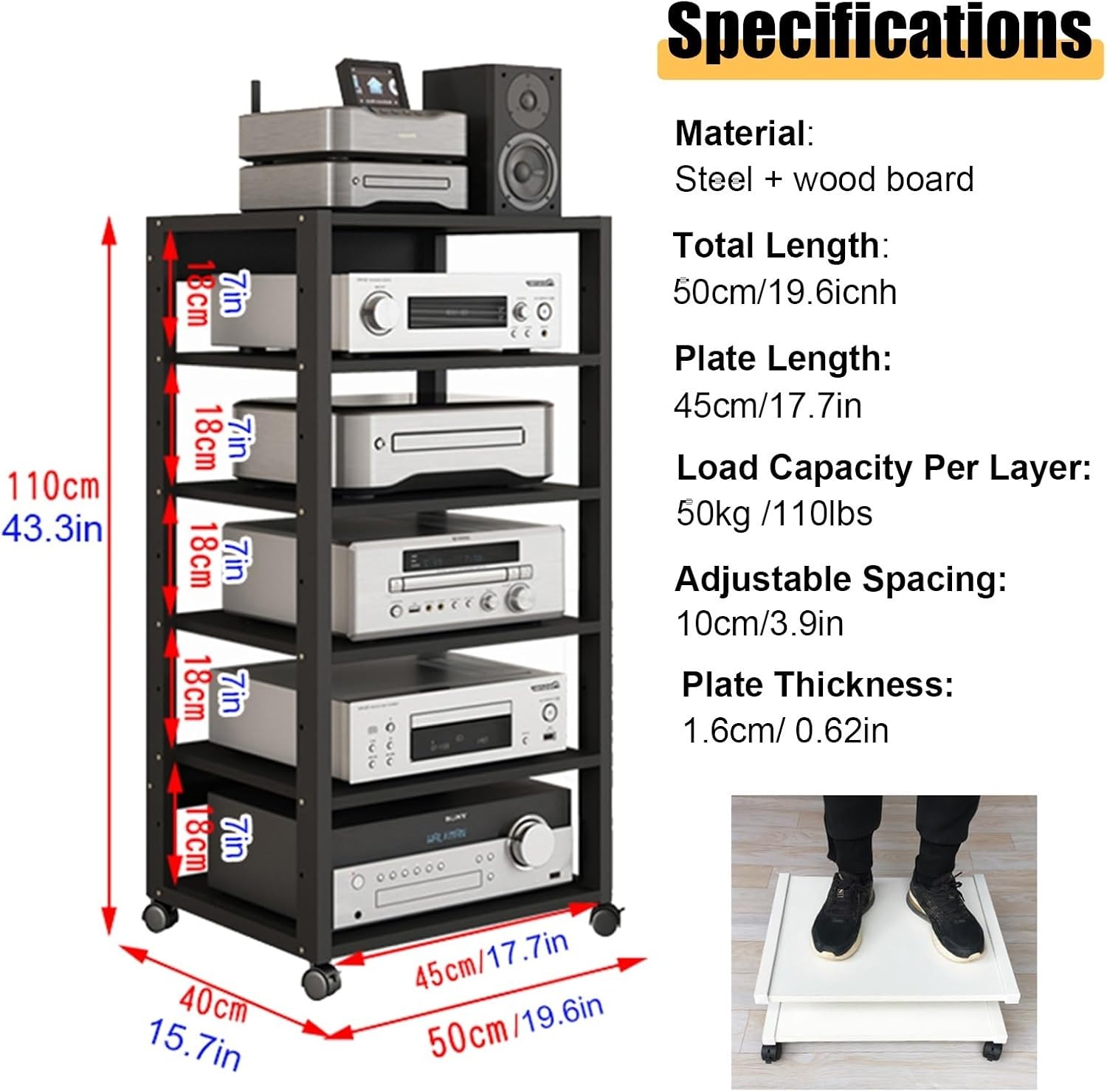 WDJBPSH Home Theater Equipment Storage Rack, 43.3inch Tall Audio-Video Media Stand with Adjustable Shelf & Brake Wheels, Freestanding Corner Entertainment Center(7 Tier - H 131cm/51.5 in)