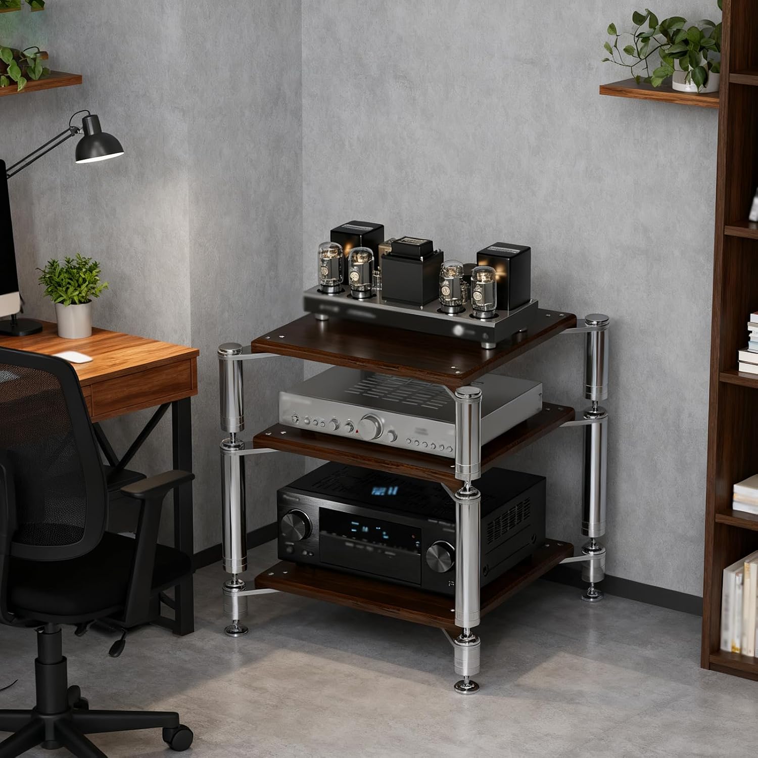 4-Tier AV Media Stand, Heavy Duty Audio Rack with Shock-Absorbing Foot pegs, Open Design av Stand, Multi-Layer Stereo Equipment Rack for Home, Office, Theater (Walnut, 4-Tiers)