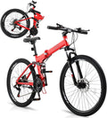 CamPingSurvivals 24/26/27.5 Inch Foldable Bikes for Adults 21 Speed Mountain Bike, Adult Bicycle with High Carbon Steel Frame, Full Suspension, Dual Disc Brake & Adjustable Ergonomic Seat(Black/Red)