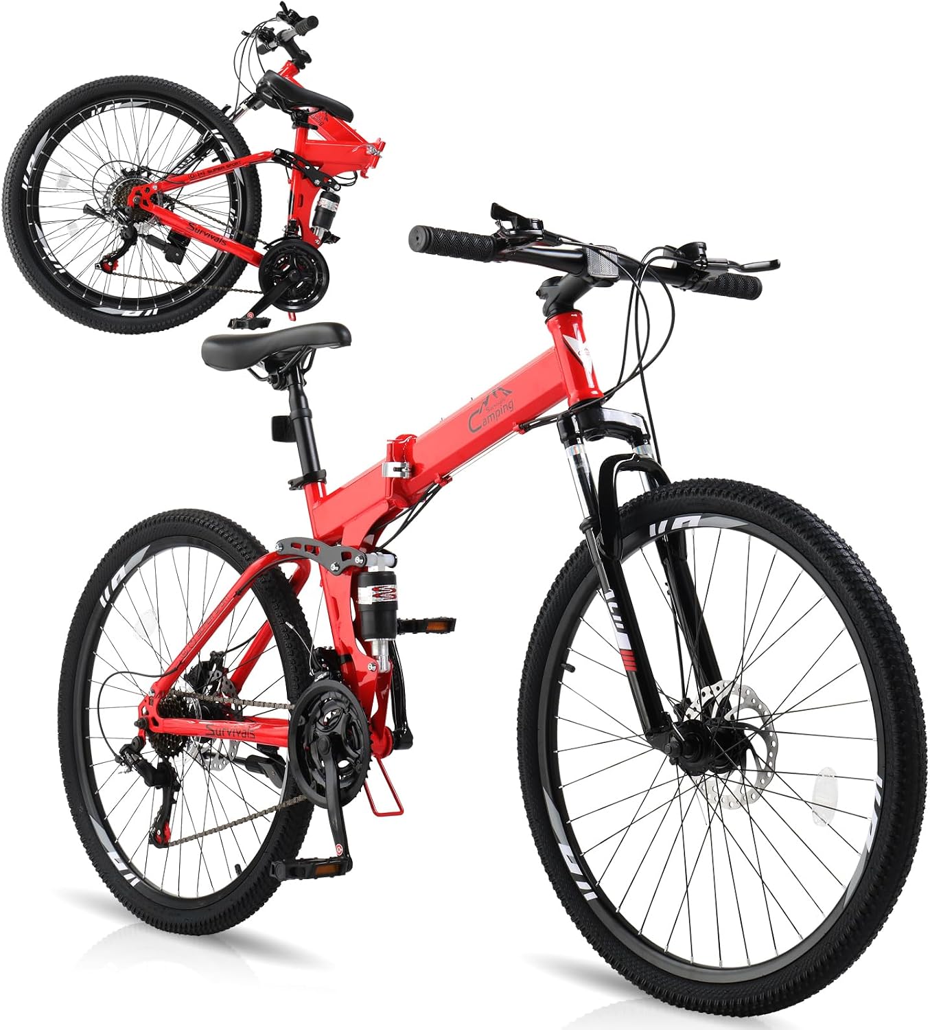 CamPingSurvivals 24/26/27.5 Inch Foldable Bikes for Adults 21 Speed Mountain Bike, Adult Bicycle with High Carbon Steel Frame, Full Suspension, Dual Disc Brake & Adjustable Ergonomic Seat(Black/Red)