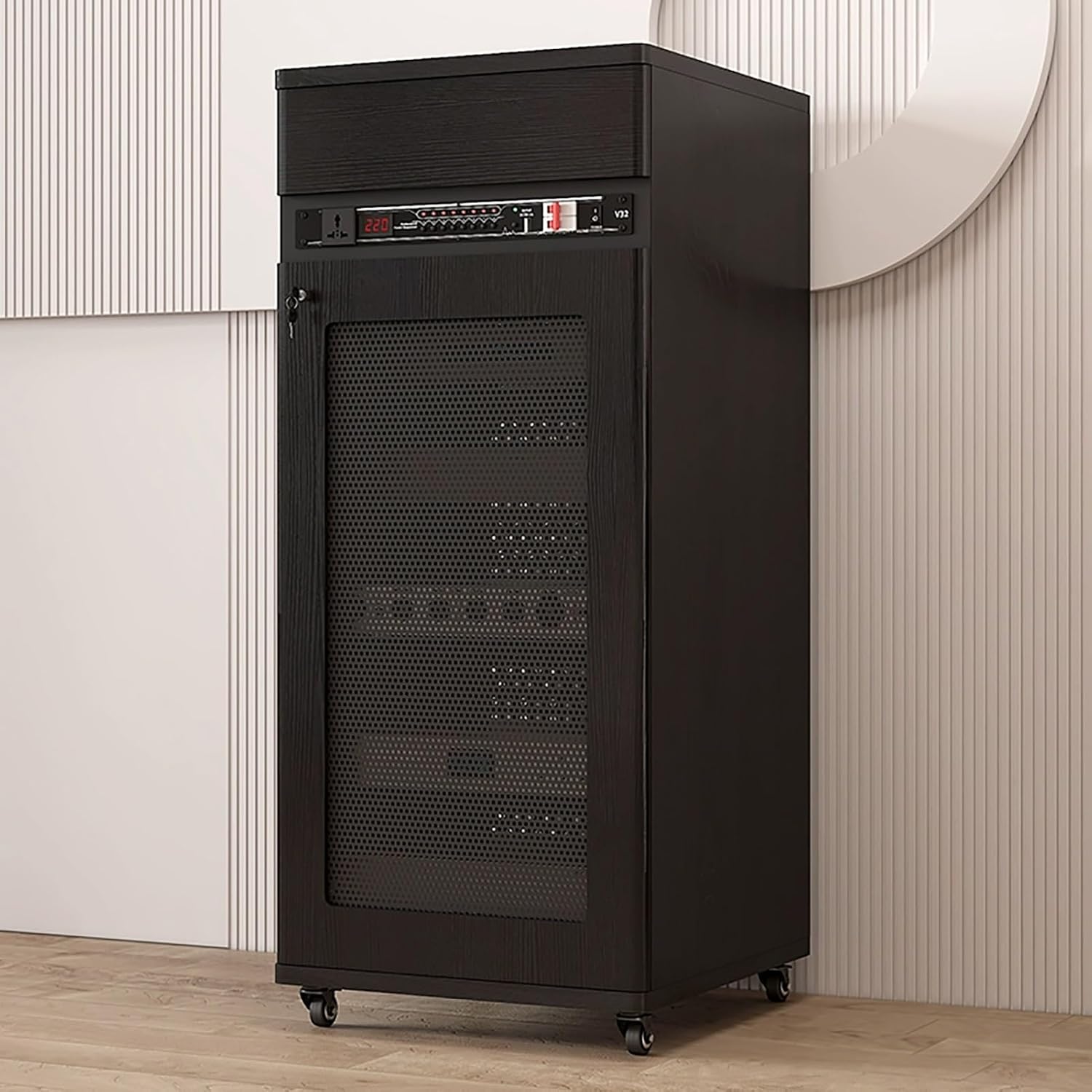 Lockable Media Storage Cabinet with Rolling Design, Adjustable AV Rack on Wheels, Cable Management, Black Stereo Console, 52x55x126cm - Ideal for Home Theater & Entertainment Systems