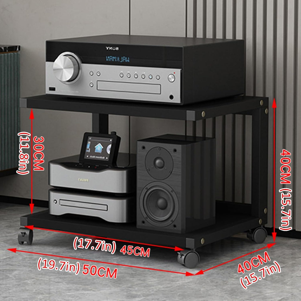 Stereo Stand Modern with Wheels Audio-Video Media Stand Design AV Media Stand Audio Rack Tower for Record Player Wooden Stereo Cabinet Audio Rack Tower for Living Gaming Recording Room(Deep black,50x4
