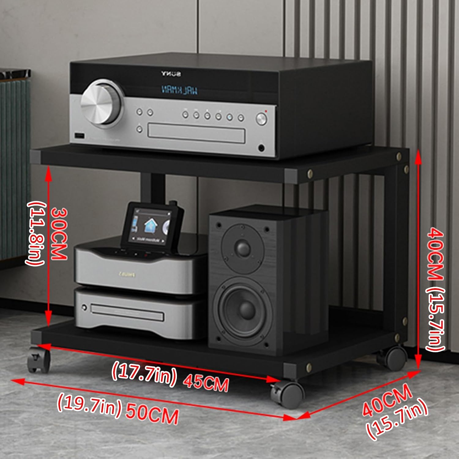 Stereo Stand Modern with Wheels Audio-Video Media Stand Design AV Media Stand Audio Rack Tower for Record Player Wooden Stereo Cabinet Audio Rack Tower for Living Gaming Recording Room(Deep black,50x4