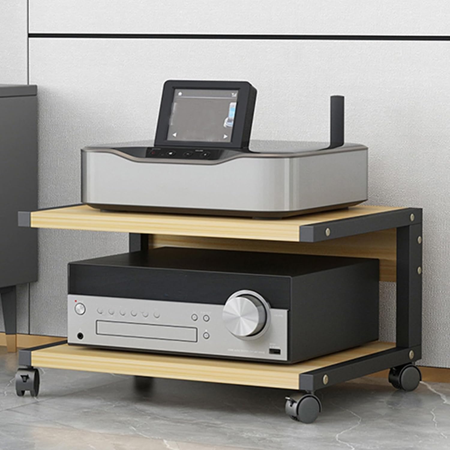 2-Tier AV Media Stand Audio Rack Tower Stereo Cabinet, Audio-Video Shelving with Wheels, Game Console Entertainment Shelf for TV/DVD/CD Record Player,C,20×16×16in/50×40×40cm