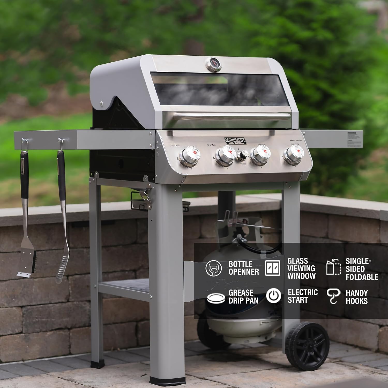 Monument Grills 4-Burner Liquid Propane Gas Grill, Silver Stainless Steel Grill Outdoor Patio Garden Barbecue Grill with Clearview® Lid and One Foldable Shelf, Mesa400MF