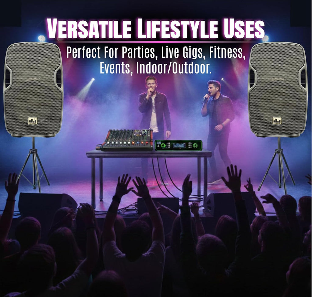 MUSYSIC Portable PA System with Wireless UHF Microphone, 10' Powered PA Speakers, Party DJ Speakers, 2000W Built-in Amplifier w/6 Channel Audio Mixer System, 800W Powered Speaker, Dual Tripod Stands