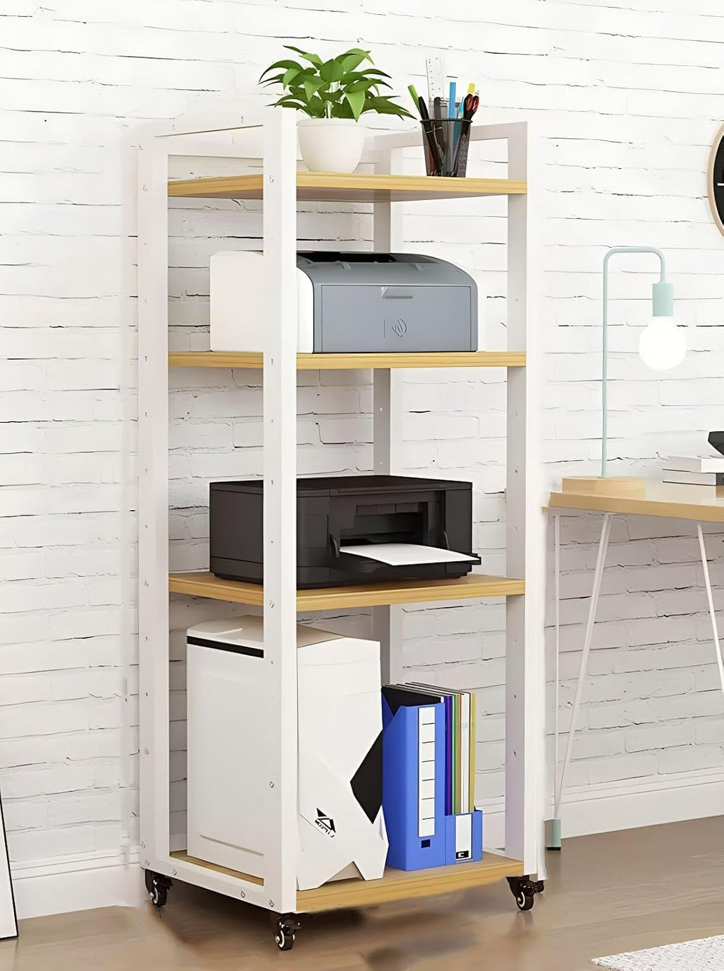 Heavy-Duty 4-Tier Audio Equipment Stand on Wheels, Mobile Storage Shelf for Home Media Organization, Stylish White Finish, Ideal for Speakers and Accessories