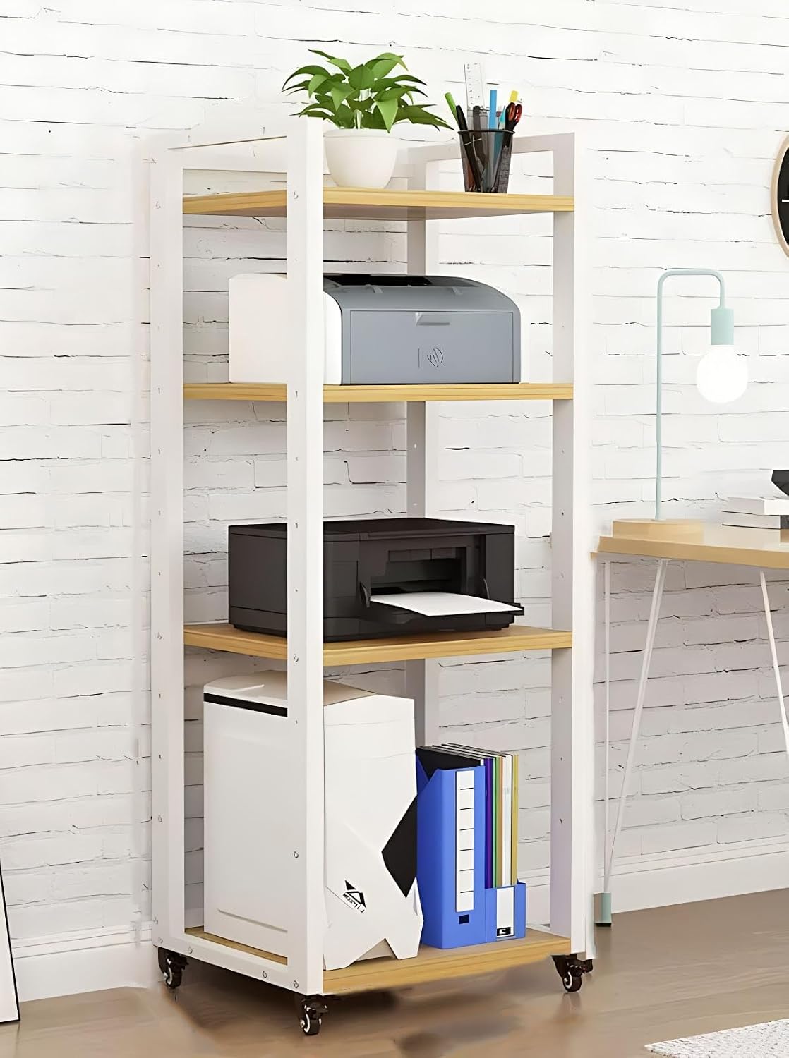 Heavy-Duty 4-Tier Audio Equipment Stand on Wheels, Mobile Storage Shelf for Home Media Organization, Stylish White Finish, Ideal for Speakers and Accessories
