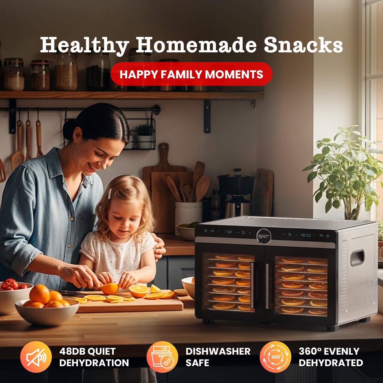 Magic Mill Premium DualZone Food Dehydrator, 16 Stainless Steel Trays with French Doors, Independent Temp Control, Rear Fan, Keep Warm Mode, for Jerky, Fruit, Veggies, Dog Treats, Meal Prep