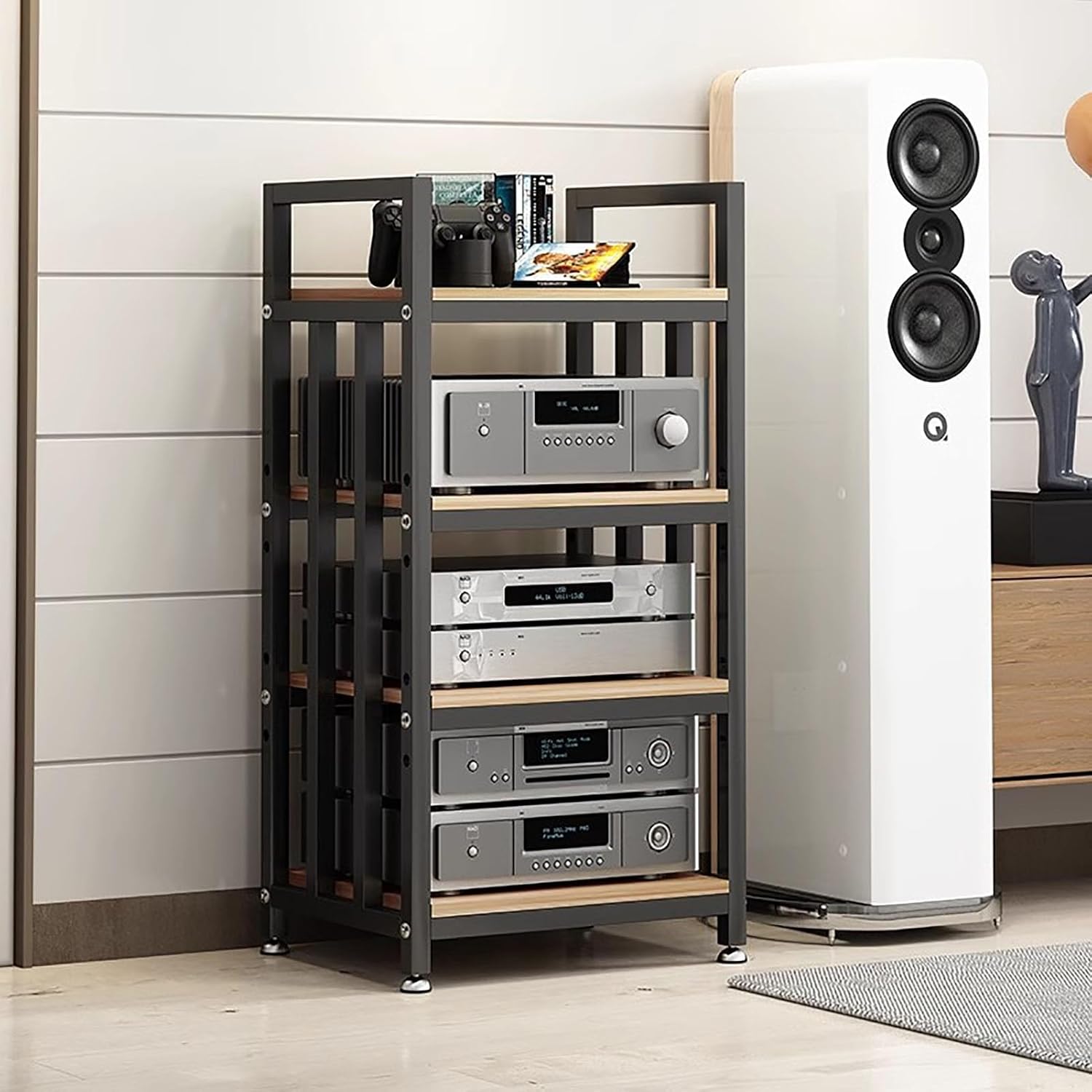 4 Tier Floorstanding Storage Shelves，Furniture Media Stand DVD CD Player Stand Audio Rack Power Amplifier Equipment Cabinet with Height Adjustable Wooden Shelf，19.7x15.7x39.4in (Color : B)