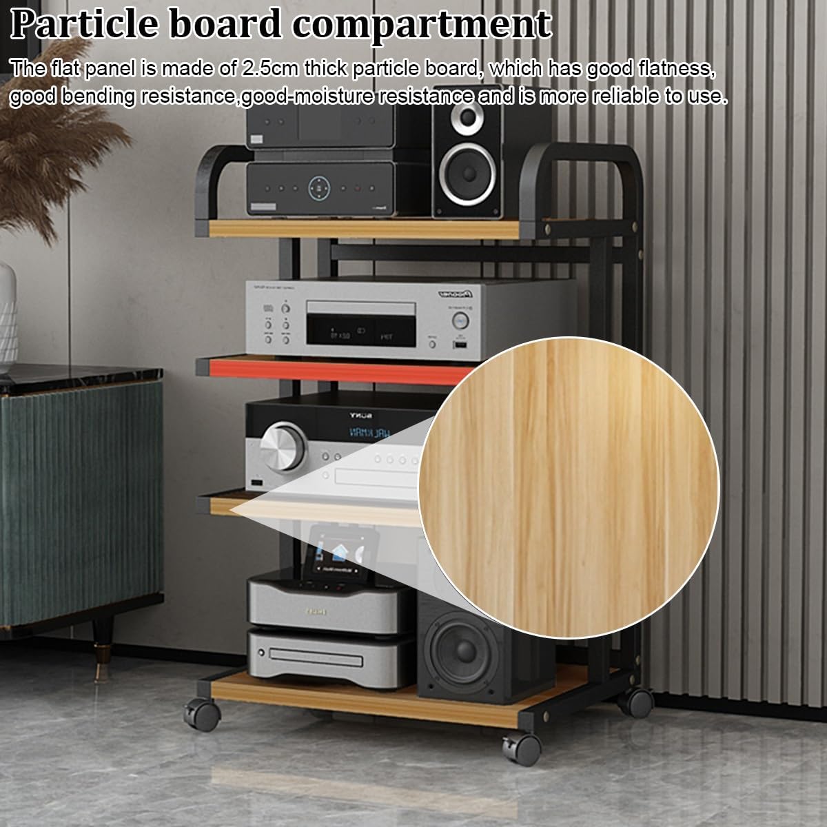 5-Tier HiFi Multimedia Rack with Wheels, Carbon Steel Stereo Component Storage Shelf, Audio Stand for Living Room & Bedroom, 106CM Height, Perfect for nizing AV Equipment