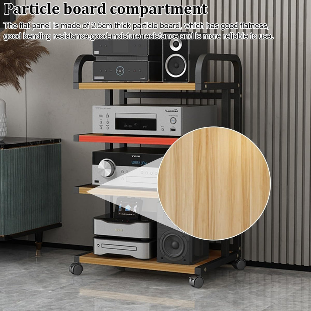 Multimedia HiFi Equipment Stand with Wheels, 4-Tier Stereo Component Storage Shelf, Carbon Steel Audio Rack for Living Room & Bedroom, 90CM Height, Home