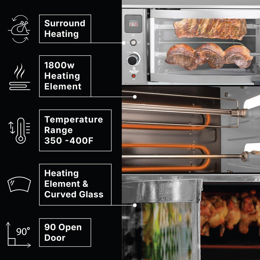 Brazilian Flame Indoor or Outdoor Rotisserie Grill Roaster with 2 Auto Rotating Skewers for Rotisserie Chicken, Steak, Fish, Brazilian Style BBQ, Electric Rotisserie Oven for Apartment or Home