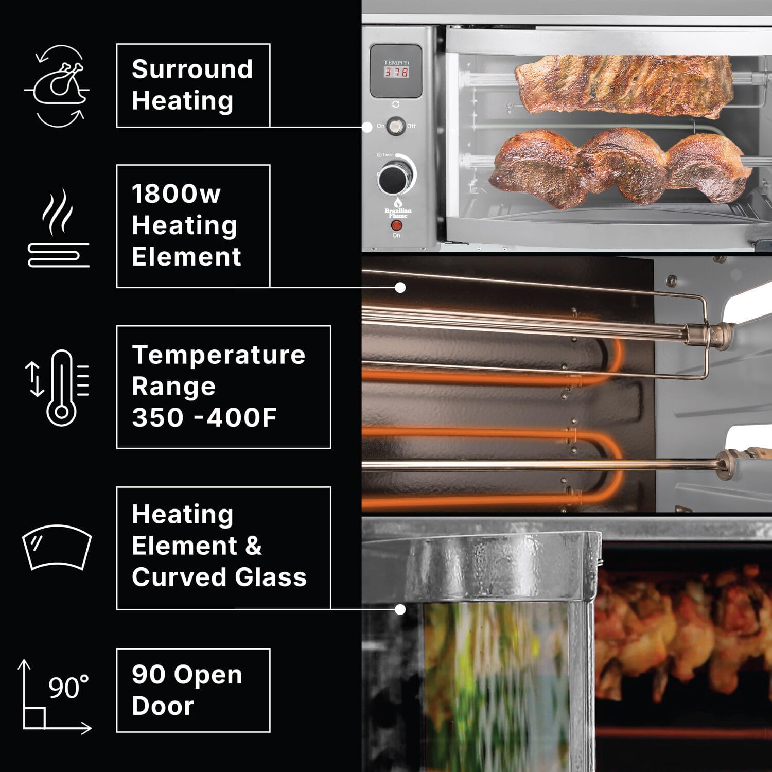 Brazilian Flame Indoor or Outdoor Rotisserie Grill Roaster with 2 Auto Rotating Skewers for Rotisserie Chicken, Steak, Fish, Brazilian Style BBQ, Electric Rotisserie Oven for Apartment or Home
