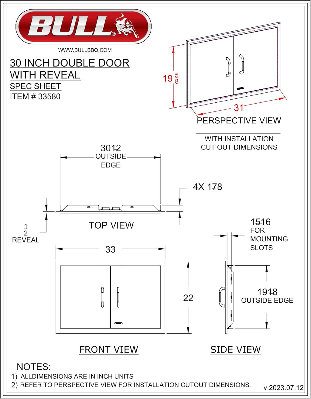 Bull Outdoor Products Premium Outdoor Kitchen Bundle – Angus 75,000 BTU Built-In Grill Head, Double Drawer with Reveal, 38' Double Doors, Single Side Burner, 304 Stainless Steel – LP