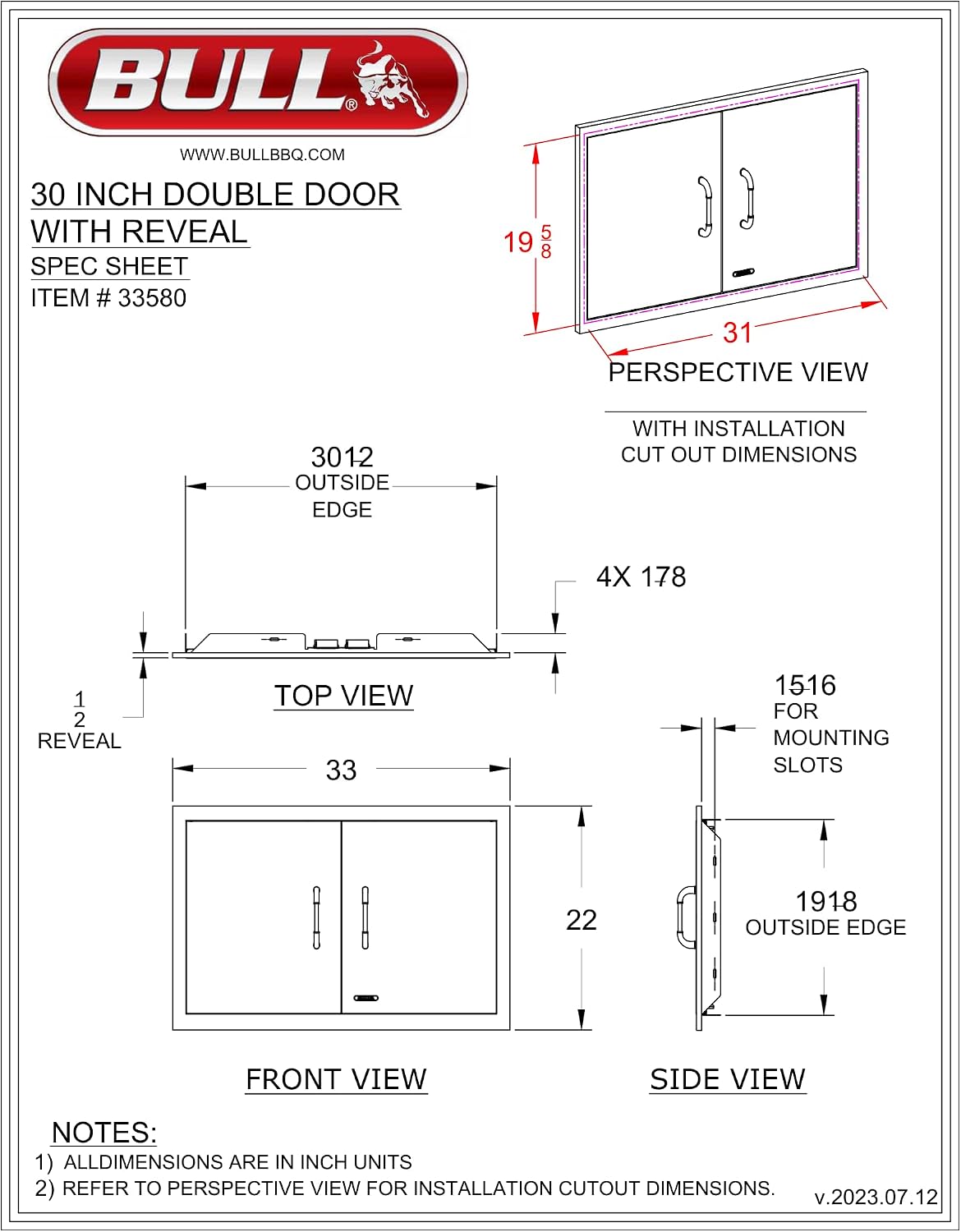 Bull Outdoor Products Premium Outdoor Kitchen Bundle – Angus 75,000 BTU Built-In Grill Head, Double Drawer with Reveal, 38' Double Doors, Single Side Burner, 304 Stainless Steel – LP