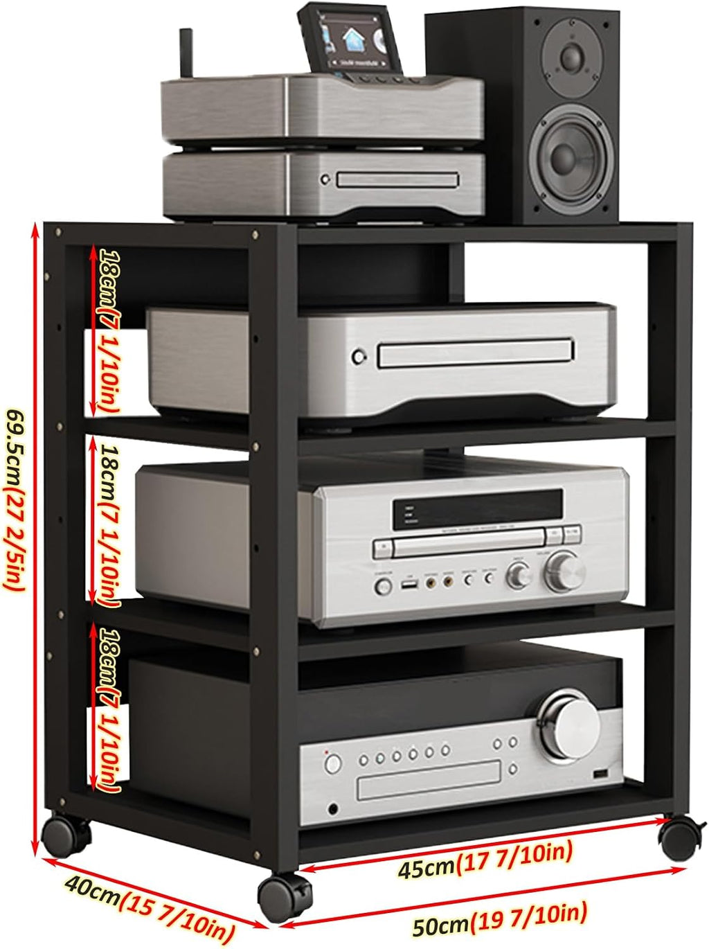 YLLFFLL Black Audio Component Rack Tower Media Stereo Stand Equipment Shelf, 3/4/5/6/7 Tier Media Storage Cabinet with Adjustable Shelf, HiFi Units Furniture(4 Layer)